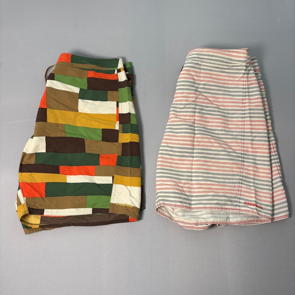 Lot of 2 Patagonia Board Shorts Mens 40 Swim Trunks Geometric Stripe Nylon 9in